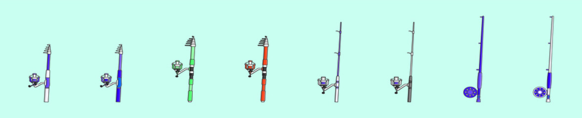 set of fishing rod cartoon icon design template with various models. vector illustration isolated on blue background