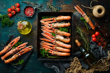 langoustines. raw scampi ready to be cooked in black stone background. Top view. Free copy space.