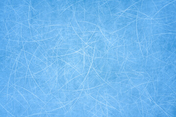 Ice blue background with ice skating tracks. Frozen water, sea. Frosty ice texture with winter graphic scratches. Hockey rink. Rendering image.