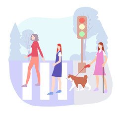 People cross the road at a pedestrian crossing, vector chart