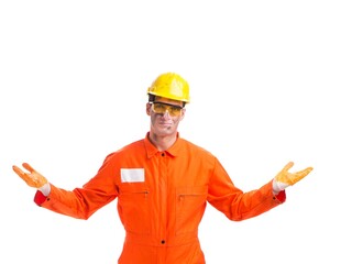 Contractor employee wearing coveralls isolated on white