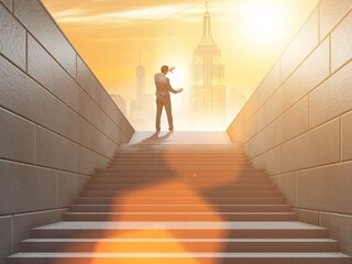 Businessman climbing up challenging career ladder in business co