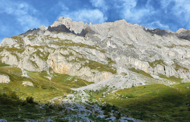Mountains views from Les Prioux on the way to Roc de la Peche hut, Vanoise national park, France