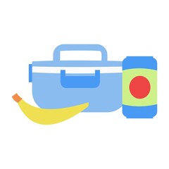 Blue lunchbox with banana and juice flat icon Vector illustration