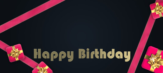 Happy birthday card with pink ribbons, pink red gift boxes and gold text Happy birthday on blue black background. 3D illustration
