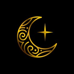 elegant crescent gold moon and star logo design line icon vector in luxury style outline linear, golden shiny lantern moon symbol vector isolated on black background © Ramosh Artworks
