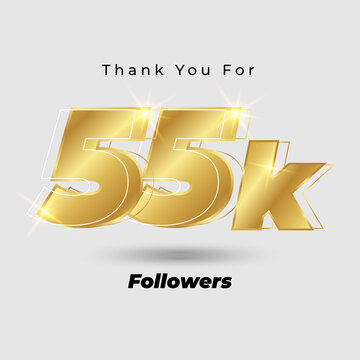 Thank you for 55k followers 3D gold logo isolated on elegant background, vector design for celebration purpose