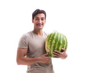 Young man with watermelon isolated on white