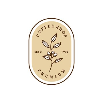 simple badge coffee bean and leaf branch natural line logo vector icon design in vintage hipster modern beautiful style, premium coffee shop bar icon