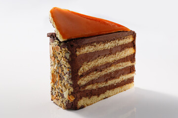 Hungarian chocolate layered cake with caramel and 
almond called Dobos Torta