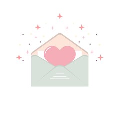 Valentine’s day concept. Romantic envelope icon with red heart and sparkles on the background. Vector illustration of a love letter in flat style.