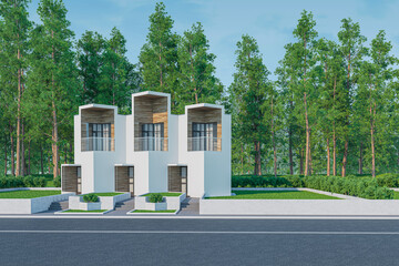 3d rendering of modern light townhouse cozy small house for sale or rent with many grass on lawn. In daylight with a clear blue sky. Perspective view