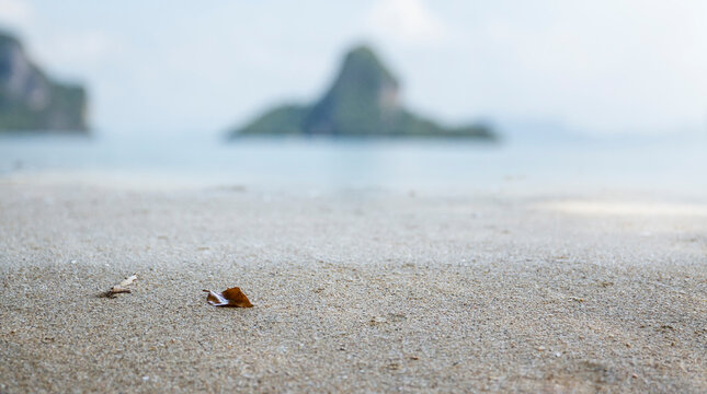 Summer sea sand background beach and sky Beautiful sandy beach with a summer concept The background of the mountain blurred in the middle of the sea.