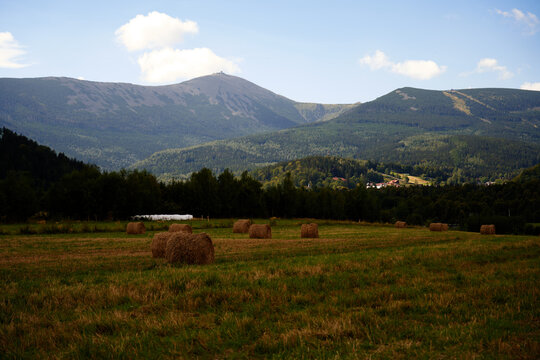 Hay and haycock on a cloudy day in the autumn in the Karkonosze moutains, Giant Moutains in Poland