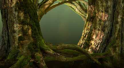 Forest gates. Old thick mossy trees with crooked branches and roots composed as magical doorway into the woods