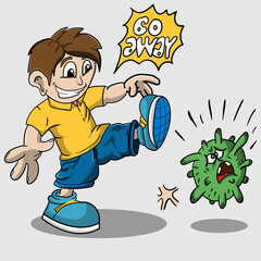 cartoon a kid kicked the virus after being vaccinated
