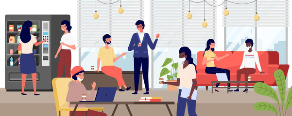Group of people taking coffee break. Girls are buying food from vending machine. Office employees spend time together vector illustration. Colleagues drink and communicate with each other at work