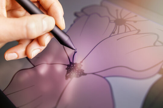 vector art - closeup of hand with digital pen drawing flower illustration on graphics tablet