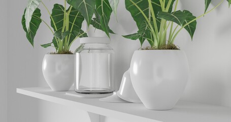 3d render Front view of empty shelf on white table showcase and wall background with natural window light. Display of backdrop shelves for showing minimal concept. tree plant, glass and coffee cup.