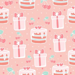Seamless pattern with cakes and gift boxes, cute girl pattern in pink, cakes and gifts, vector print doodle style.