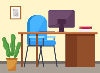 Modern workplace flat design. Office chair and office desk with a computer monitor, books and documents, potted plant. Furniture and equipment for the workplace of an employee or office worker
