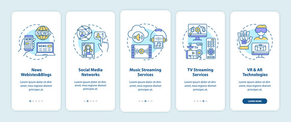 New media examples onboarding mobile app page screen with concepts. News websites, music streaming walkthrough 5 steps graphic instructions. UI vector template with RGB color illustrations