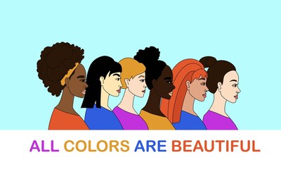 No racism concept,Women of different nationalities and cultures stand together,Stop racism. Black lives matter, we are equal,Different skin colors,Hand draw, doodle.