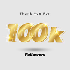 Thank you for 100k followers 3D gold logo isolated on elegant background, vector design for celebration purpose