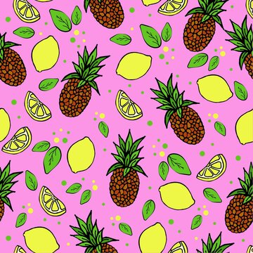 Seamless pattern with lemons and pineapples, tropical exotic fruits, floral pattern, green leaves and dots, vector illustration in doodle style.