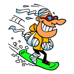 Snowboarder with arms and legs in plaster with a bandage on his head goes downhill on a snowboard, winter sport joke, color cartoon