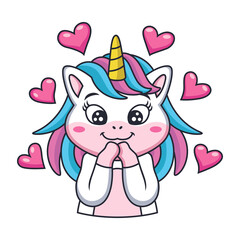 Expression Unicorn Girl Cartoon hope with Love. Vector Icon Illustration. Animal Love Icon Concept Isolated Premium Vector.