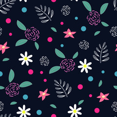 Floral seamless pattern on dark background. For paper, print, wrapping paper, packaging, textile. Vector pattern.
