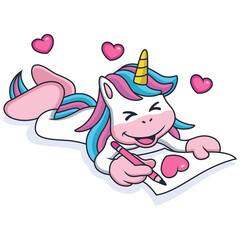 Cute Unicorn is Writing a Love Letter. Cartoon Vector Icon Illustration. Animal Love Icon Concept Isolated Premium Vector.