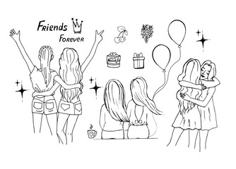 Female friendship concept, set of girls friends in different poses, doodle style.