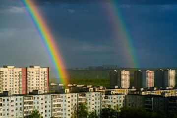 Cityscape with double rainbow over Yasenevo district, Moscow