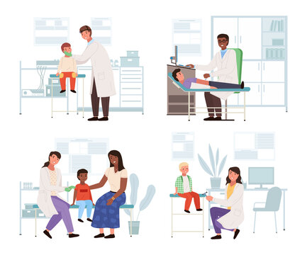 A set of illustrations on the topic of health check of little patients. Doctor examines children in hospital. People visiting the pediatrician. Treatment and diagnosis of childhood diseases