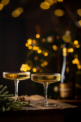 Two Glasses of champagne and bottle against fireworks and holiday lights, dark background