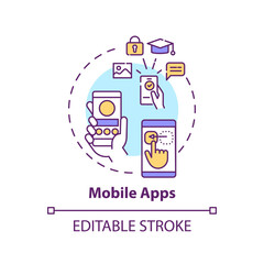 Mobile apps concept icon. New media example idea thin line illustration. Software program. Using on small, wireless computing devices. Vector isolated outline RGB color drawing. Editable stroke