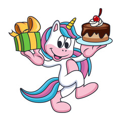Unicorns carry Gifts and Cake with Sweet Smile. Cartoon Vector Icon Illustration. Animal Love Icon Concept Isolated Premium Vector.