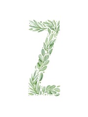 Obraz premium Letter Z made from green leaves. Floral letterZ. Green leaves lettering. Negative space lettering. Floral lettering isolated on white background.