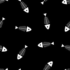 Seamless pattern with fish skeletons. Vector illustration on a black background.