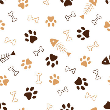 Seamless pattern of animals paws, bones and fish skeleton. Vector illustration on a white background.