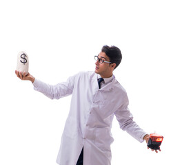 Doctor in blood donation concept isolated on white