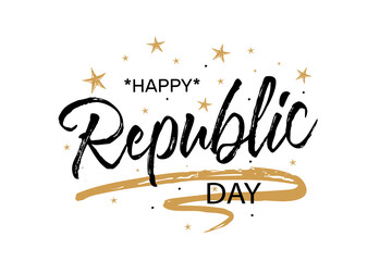 Happy Indian Republic Day 26 January. Beautiful card scratched calligraphy black text word gold stars. Hand drawn print design. Handwritten modern brush lettering white background isolated vector.