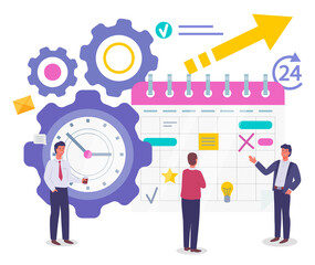 Fototapeta na wymiar Time management, organizing effective time, planning dates, business meetings, businessmen standing near calendar with notes and clock, marks, productive time, productivity, workers control deadlines