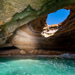 view of the inside of the Benagil Cave on the Algarve coast of Portugal