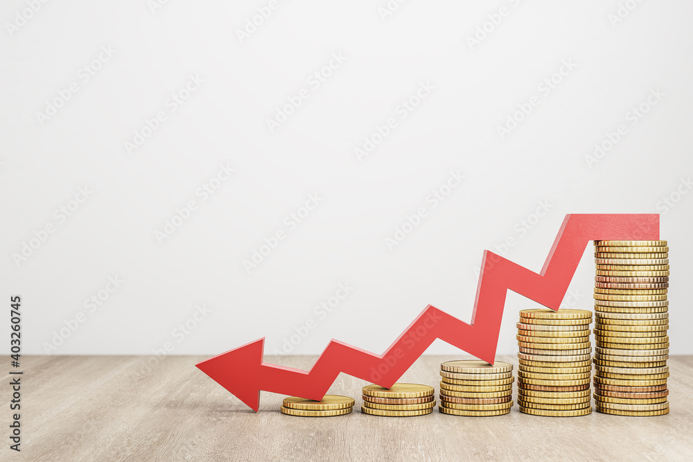 Poster falling chart of gold coins with red arrow.