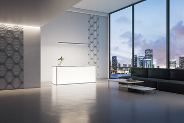 Hotel hall with glowing reception table