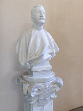 BARCELONA, SPAIN-DECEMBER 3, 2020: Bust of Joaquim de Carcer i d'Amat sixsth marquis de Castellbell in Hospital de Sant Pau. 1900, Sculptor Miquel Blay