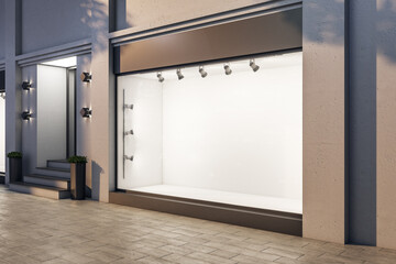 Contemporary shop with empty glass showcase.